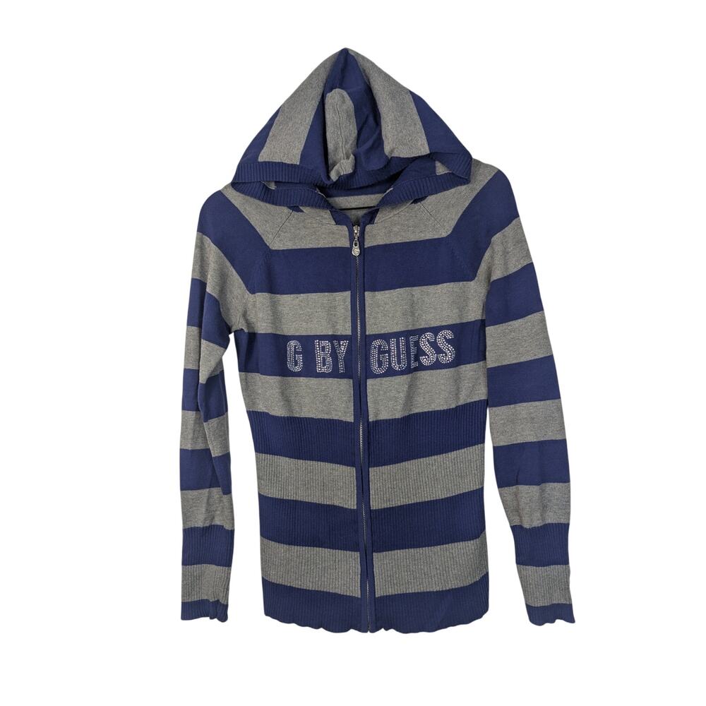 Y2K G By Guess Cotton Rhinestone Striped Fitted Zip Up Hoodie
